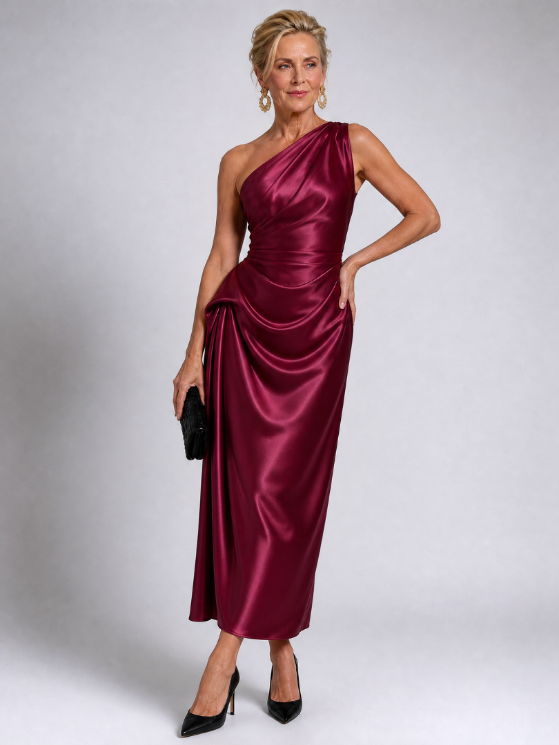 Zeima | One Shoulder Draped Satin Midi Dress