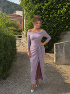 Tindra | Off Shoulder Ruched Slit Midi Dress